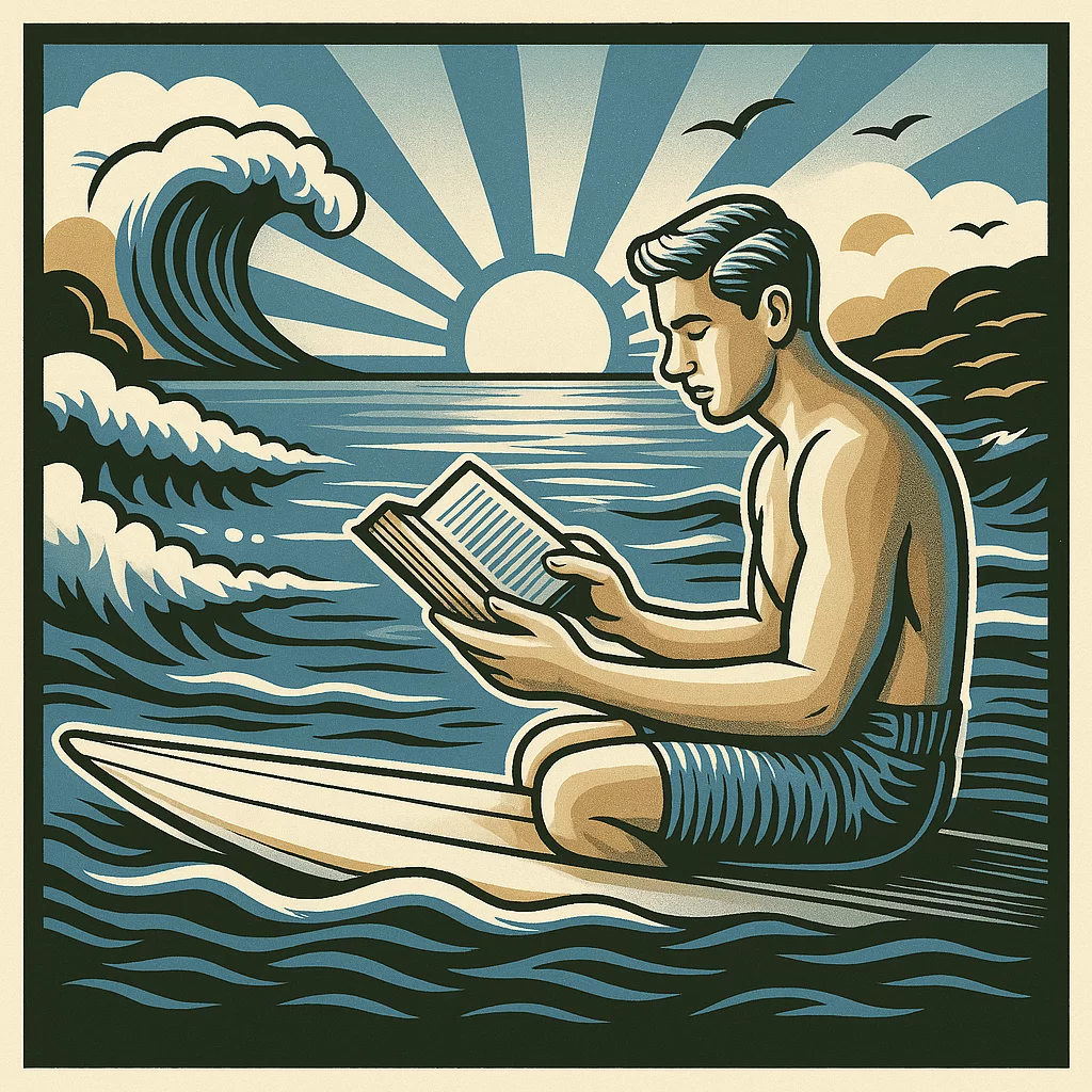 Man on surfboard study for Architect exam