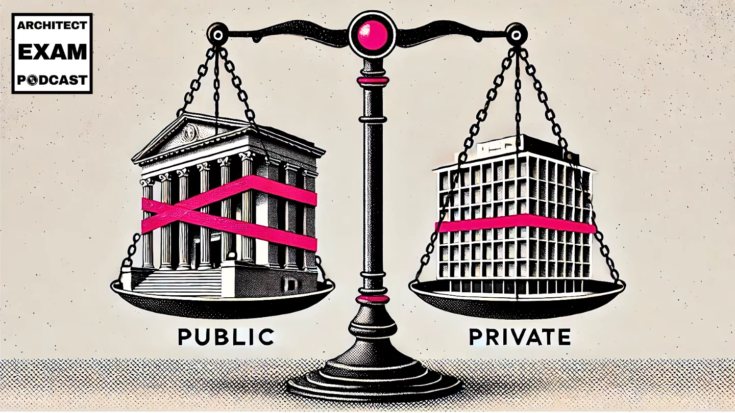 A classical courthouse and a modern office building balanced on a scale, symbolizing the comparison of public vs private construction projects.