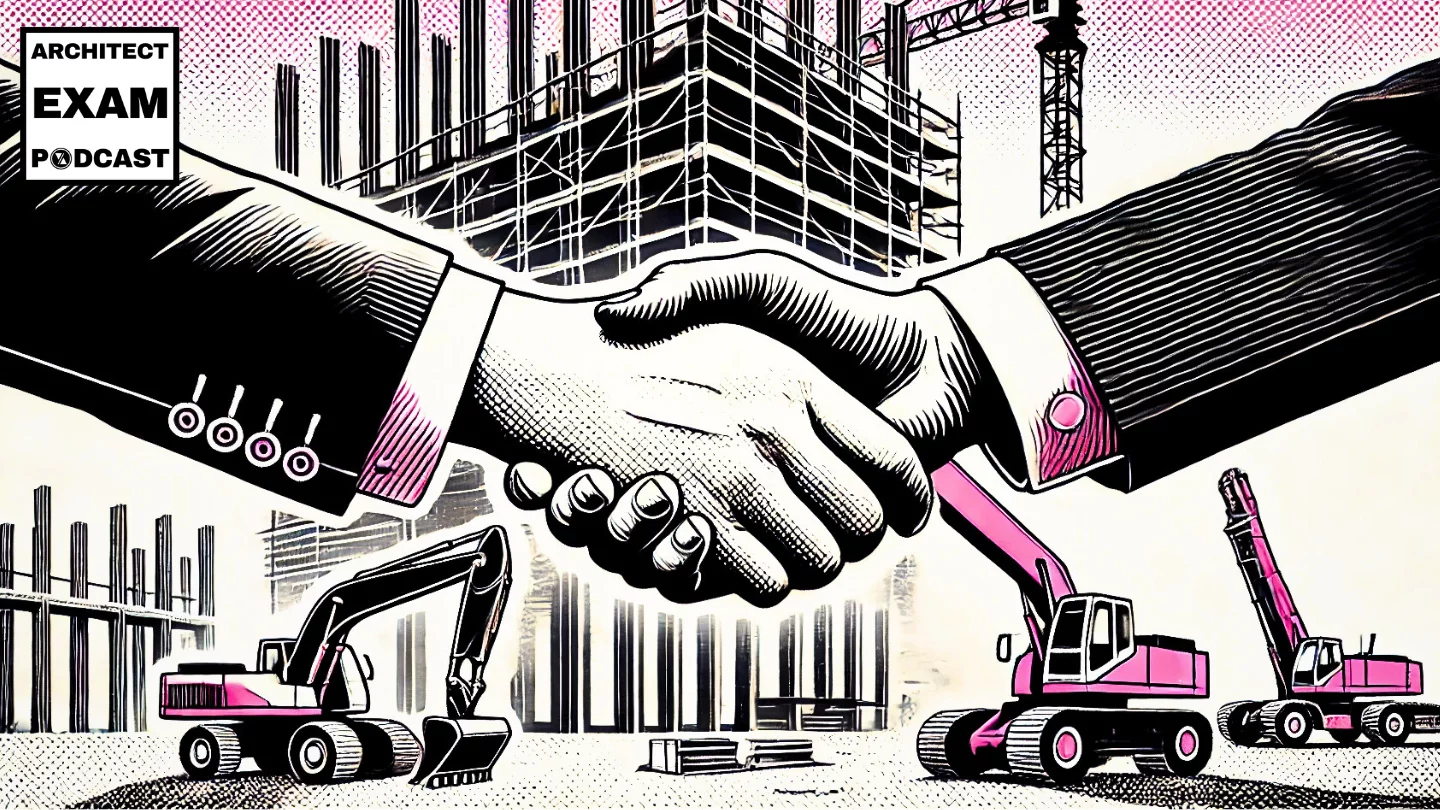Two professionals shaking hands in front of an active construction site, symbolizing agreement and financial security through a construction bond.