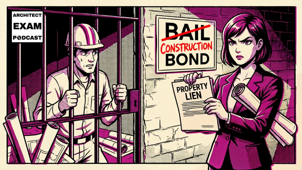 Contractor behind bars while an architect holds a property lien document next to a sign reading construction bonds