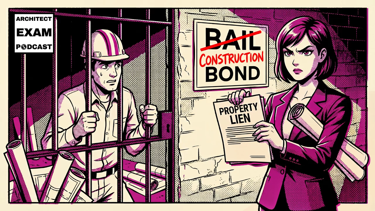 Contractor behind bars while an architect holds a property lien document next to a sign reading construction bonds