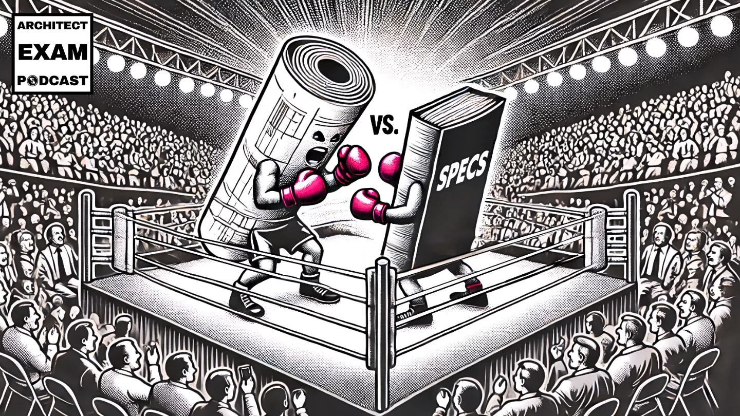 Rolled construction drawings and a specs book face off in a boxing ring, dramatizing the classic Drawings vs. Specifications debate in architecture.