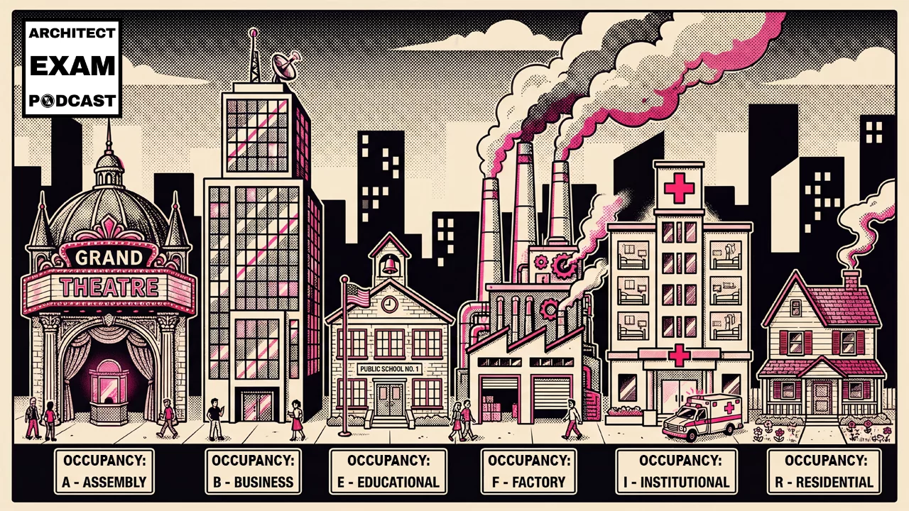 City scene illustrating occupancy classifications including assembly, business, educational, factory, institutional, and residential buildings.