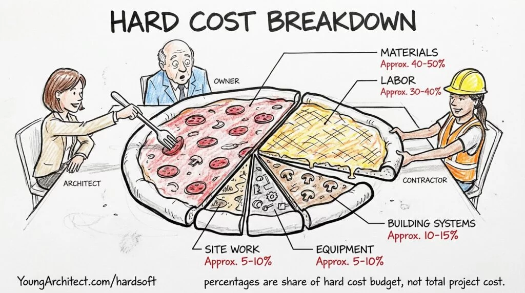 Hand-drawn pizza diagram breaking down the construction cost breakdown by category - materials at 40-50% and labor at 30-40% take the biggest slices of the hard cost budget.