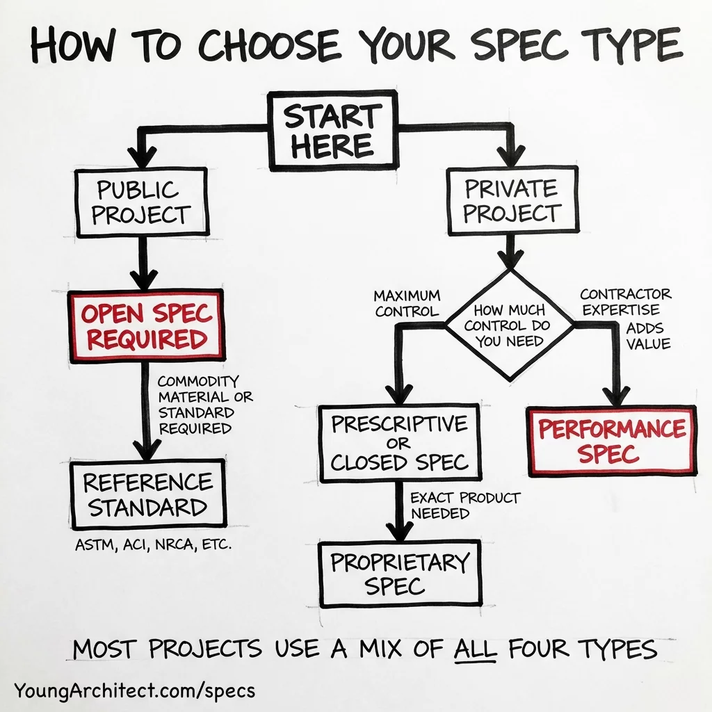 Hand-drawn flowchart for choosing between types of specifications in construction based on public vs private project, design control needs, and whether a proprietary or performance specification applies. 