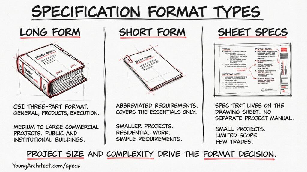 Hand-drawn sketch comparing long-form, short-form, and sheet specifications showing when each construction specification format is used based on project size and complexity.