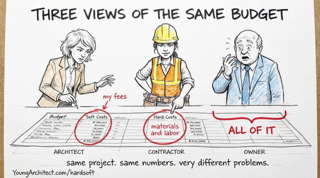 Hand-drawn sketch showing how an architect, contractor, and owner each focus on different parts of the same construction budget.