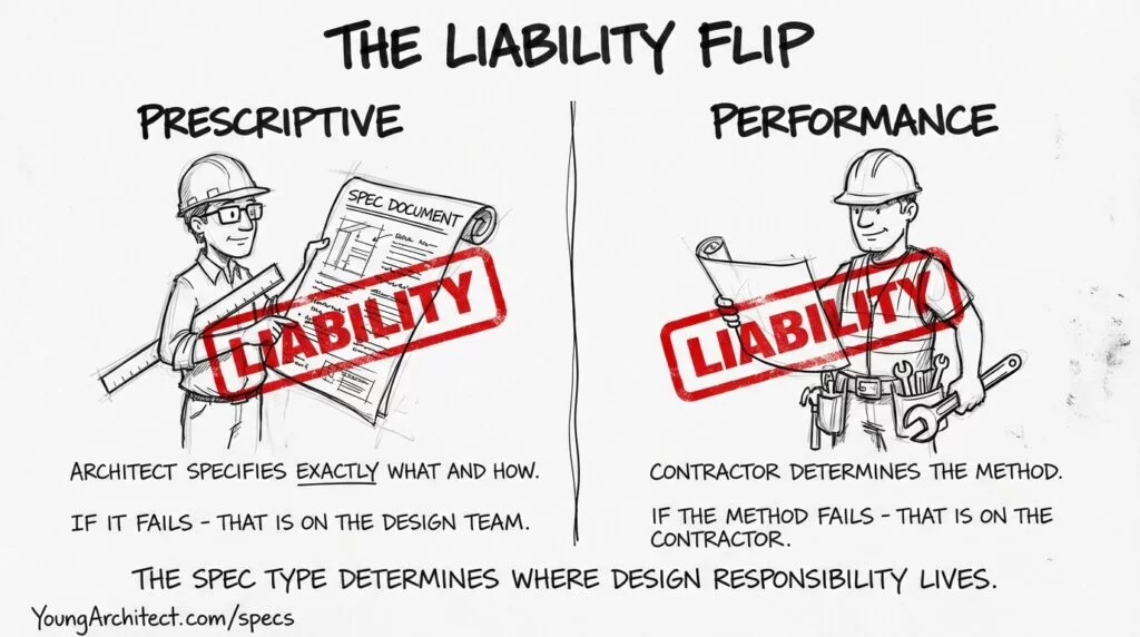Hand-drawn sketch showing how prescriptive specifications place liability on the architect while performance specifications shift design responsibility to the contractor. 