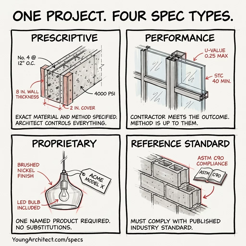 Hand-drawn sketch showing four types of specifications in construction on one project - prescriptive for concrete, performance for curtain wall, proprietary for a named fixture, and reference standard for masonry. 