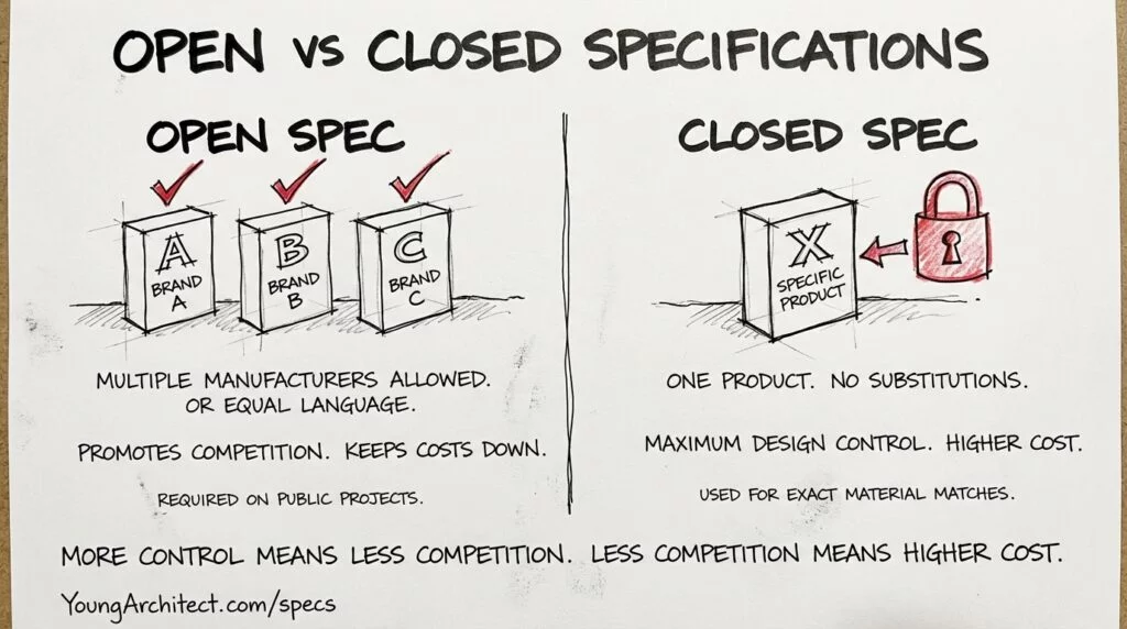 Hand-drawn sketch comparing open specifications allowing multiple manufacturers with or-equal language against closed specifications naming one product with no substitutions allowed. 