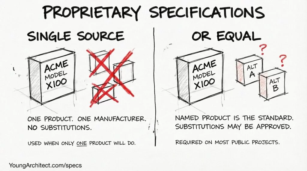 Hand-drawn sketch comparing single-source proprietary specifications with no substitutions against or-equal specifications where alternate products may be approved on public projects.