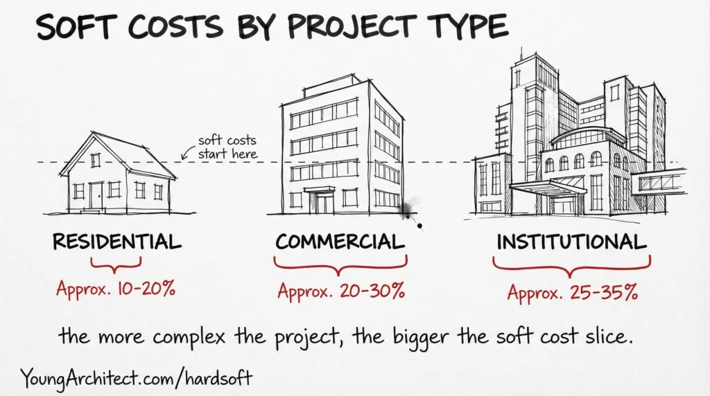 Hand-drawn sketch showing soft costs as a percentage of total project cost by building type - residential 10-20%, commercial 20-30%, institutional 25-35%.