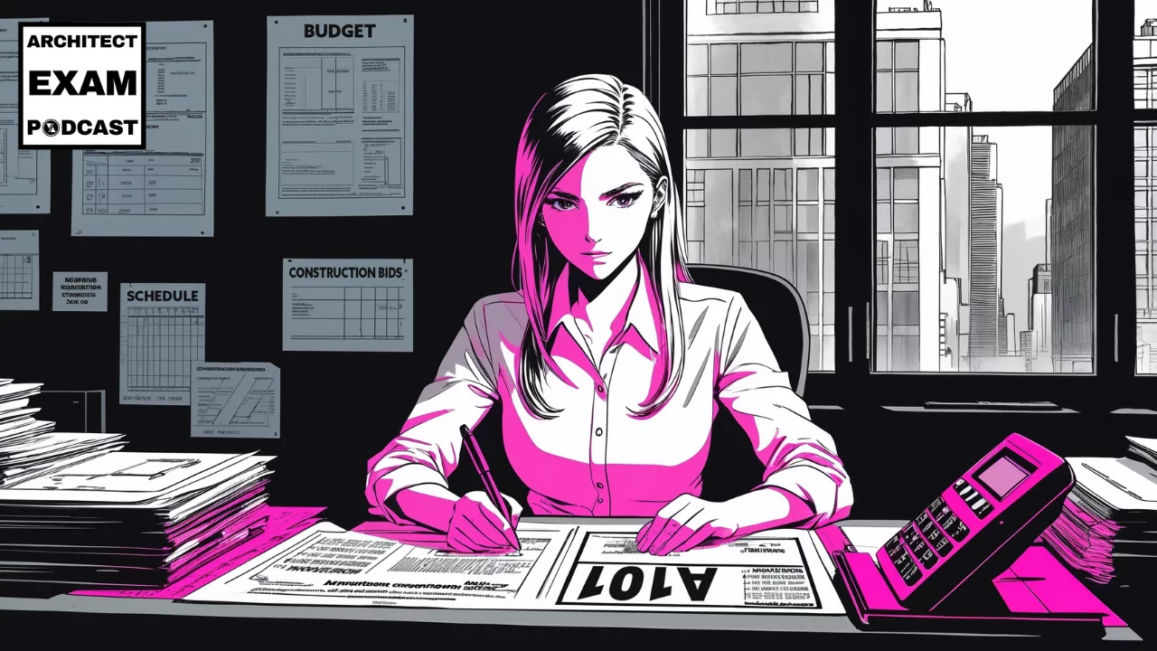 Architect focused on preconstruction planning, surrounded by drawings, schedules, and bid documents in a high-rise office setting.