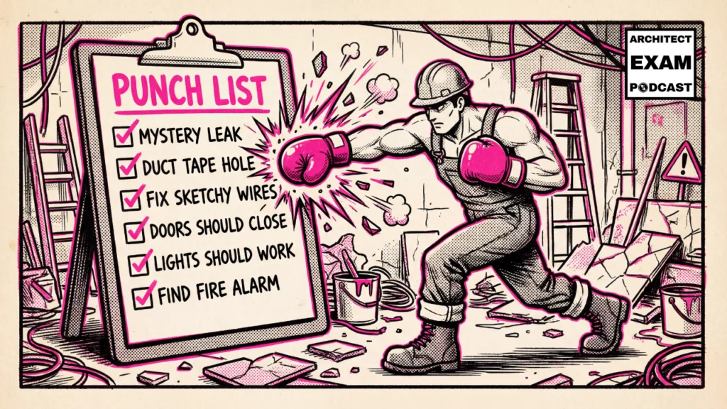 Construction worker with boxing gloves punching through a giant checklist, symbolizing the final push to complete a construction punch list.