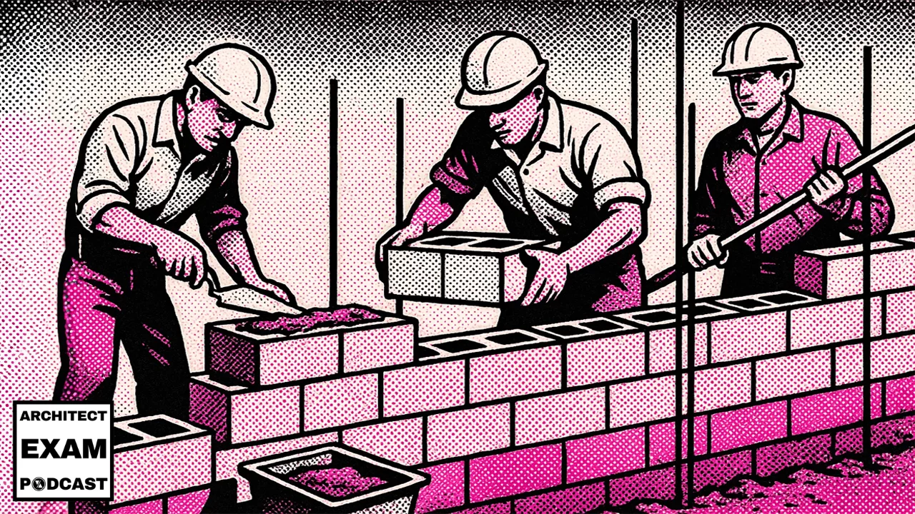 Three construction workers laying concrete masonry units and rebar, illustrating traditional materials used in common construction types.