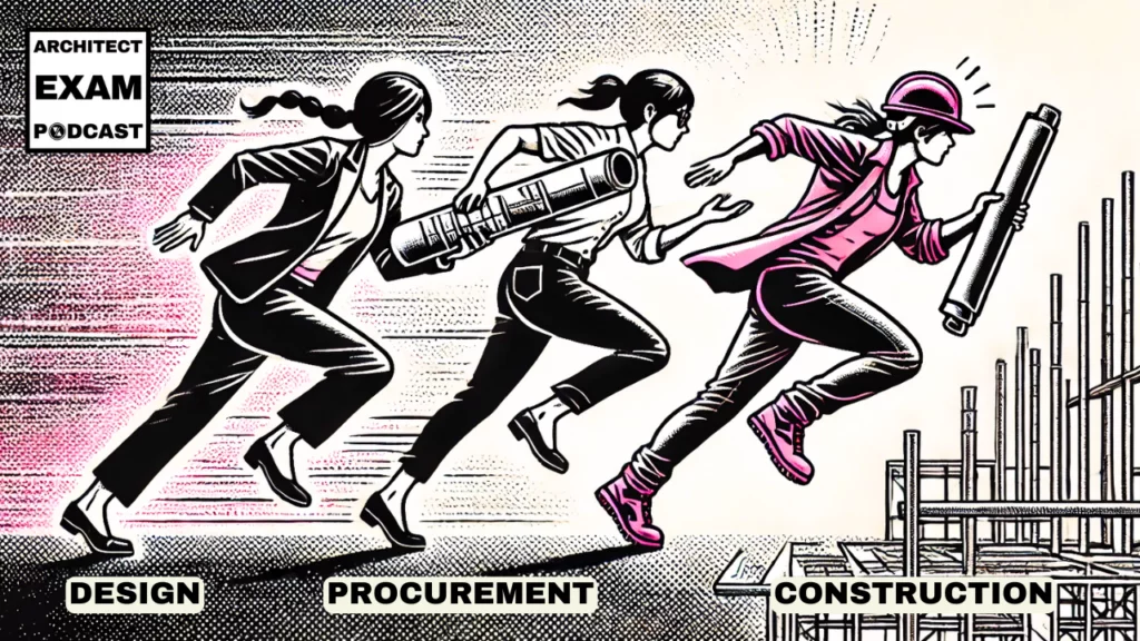 Three women sprinting through design, procurement, and construction phases, symbolizing the fast-paced nature of the construction bidding process.