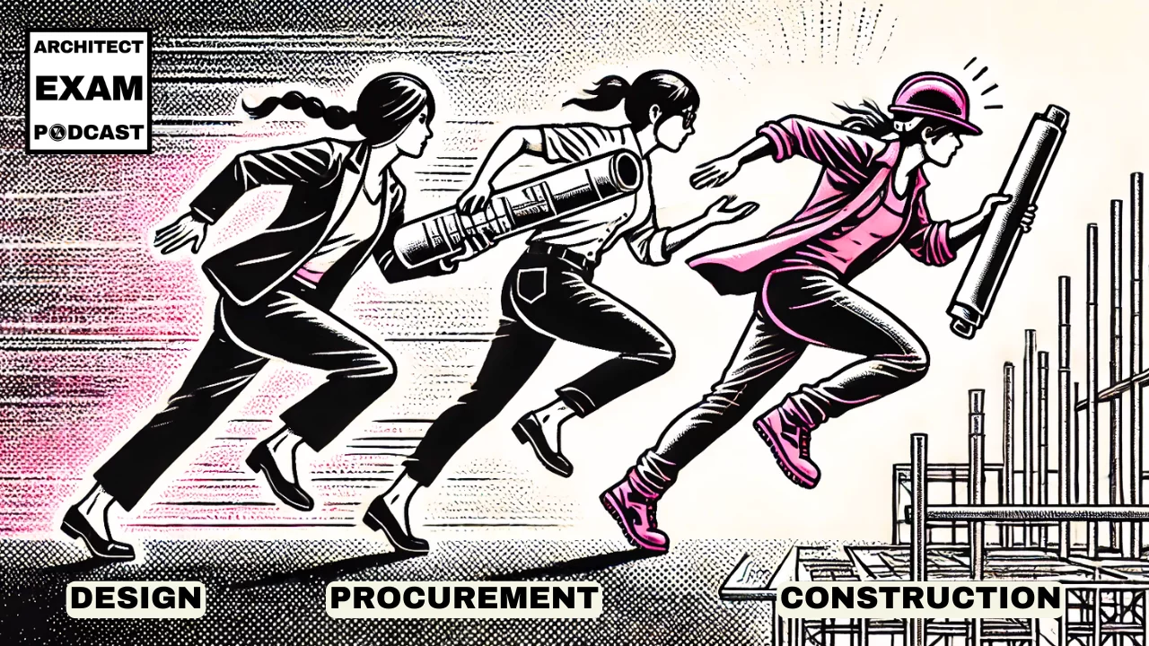 Three women sprinting through design, procurement, and construction phases, symbolizing the fast-paced nature of the construction bidding process.