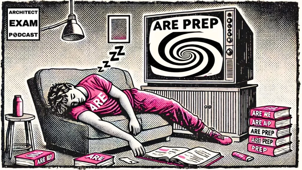 Exhausted visual learner falls asleep studying for the ARE exam, surrounded by prep books and a hypnotic TV screen labeled “ARE PREP.”