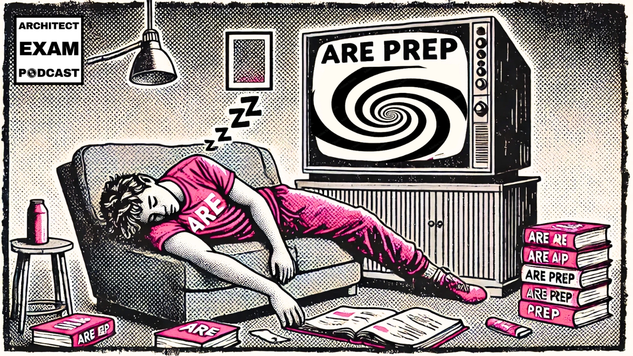 Exhausted visual learner falls asleep studying for the ARE exam, surrounded by prep books and a hypnotic TV screen labeled “ARE PREP.”