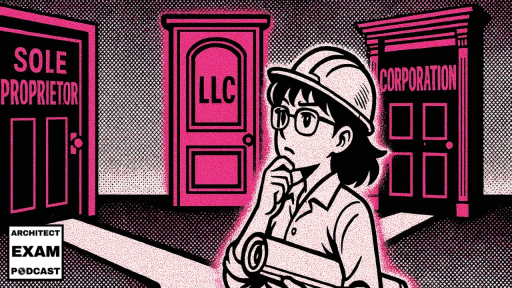 Female architect weighing different business entity types, standing before labeled doors for sole proprietor, LLC, and corporation.