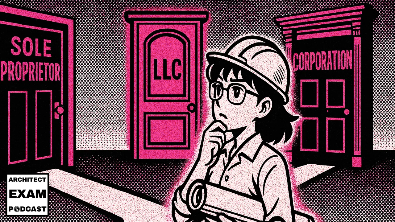 Female architect weighing different business entity types, standing before labeled doors for sole proprietor, LLC, and corporation.