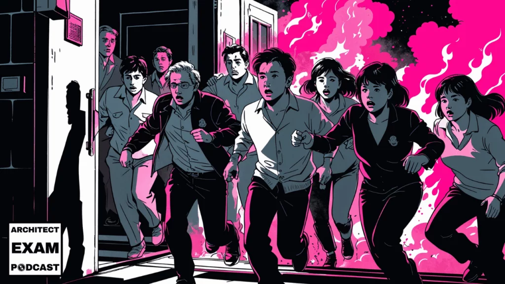 Group of people urgently exiting a burning building through a doorway, illustrating the importance of a clear means of egress during emergencies.
