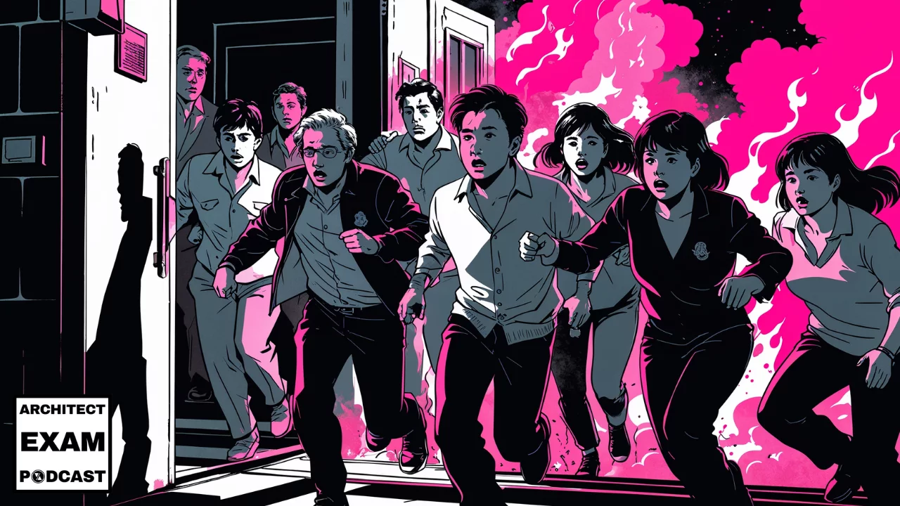 Group of people urgently exiting a burning building through a doorway, illustrating the importance of a clear means of egress during emergencies.