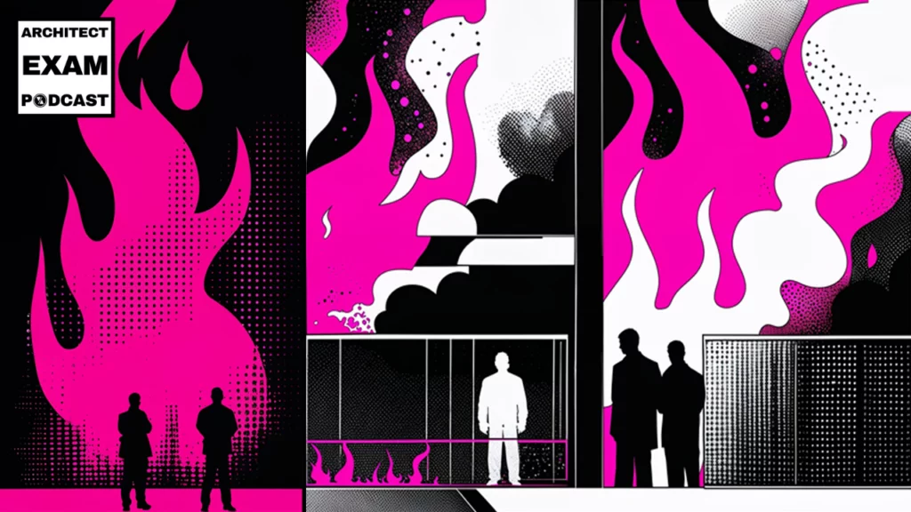 Diagram-style graphic showing people separated from rising flames by distinct fire wall, fire barrier, and fire partition assemblies in a building.