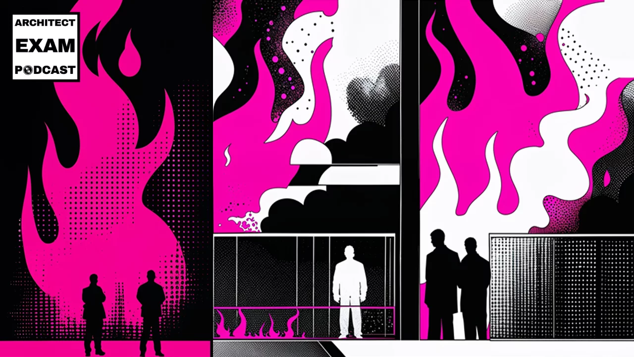 Diagram-style graphic showing people separated from rising flames by distinct fire wall, fire barrier, and fire partition assemblies in a building.