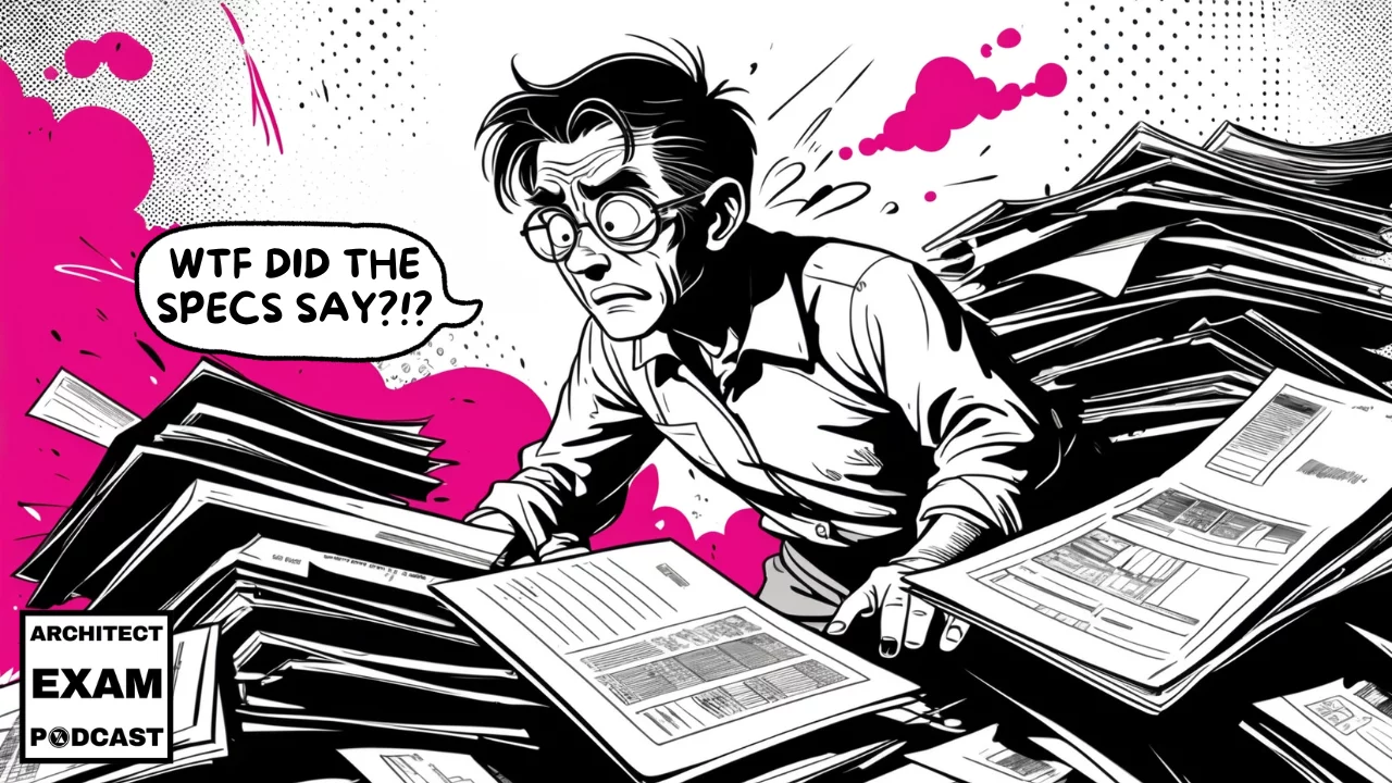 Overwhelmed architect buried in paperwork, panicking over unclear documents, symbolizing the chaos of poor construction specification writing.