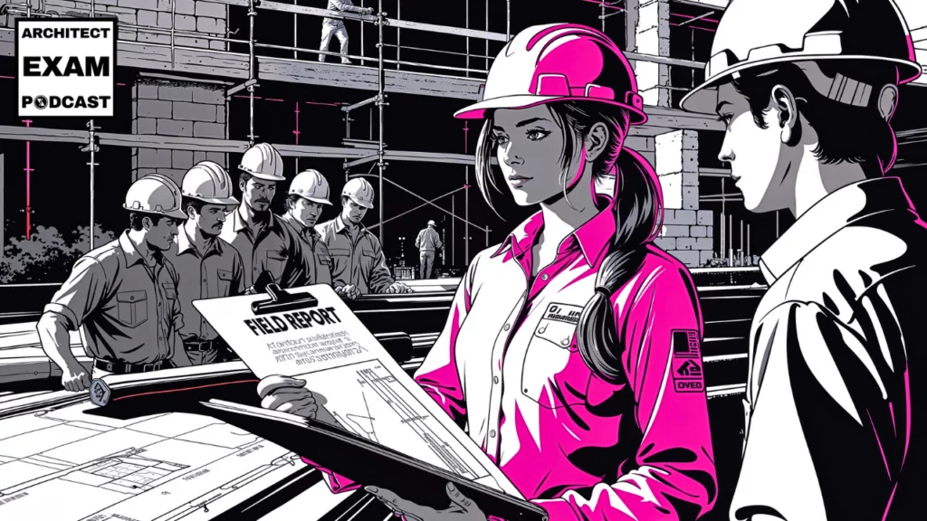 Female architect conducting construction observation on-site, reviewing field reports and plans with contractors during a site visit.
