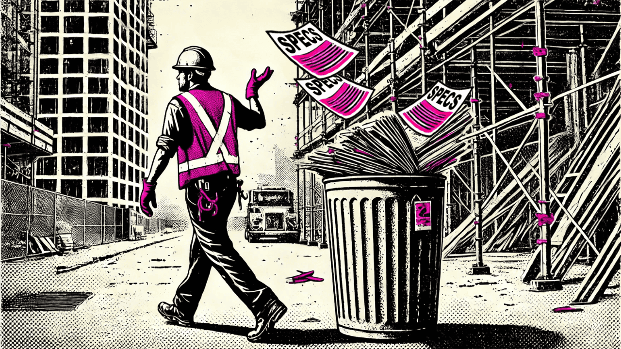 Construction worker walking away from a trash can overflowing with discarded construction specs, symbolizing neglect or disregard for project documentation on a job site.