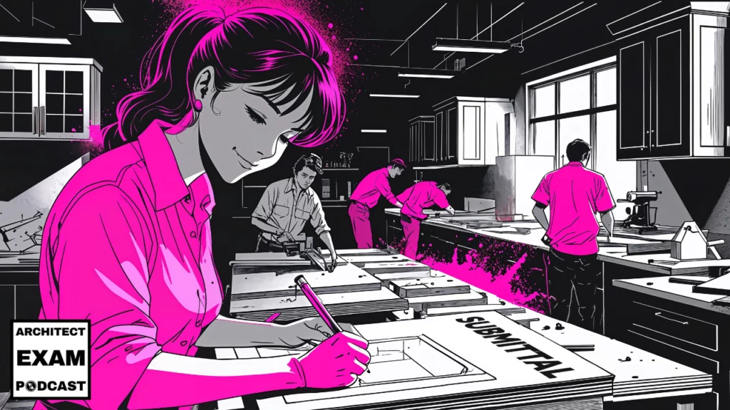 Architect reviewing a construction submittal in a workshop, surrounded by team members preparing detailed documents and samples.