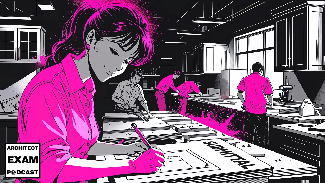 Architect reviewing a construction submittal in a workshop, surrounded by team members preparing detailed documents and samples.