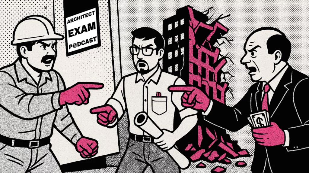 Architect caught between a builder and client arguing over a collapsed building, symbolizing liability and the need for architect insurance.