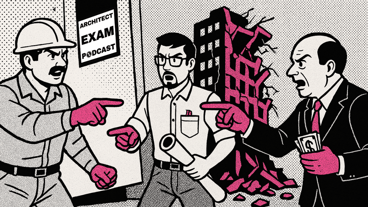 Architect caught between a builder and client arguing over a collapsed building, symbolizing liability and the need for architect insurance.