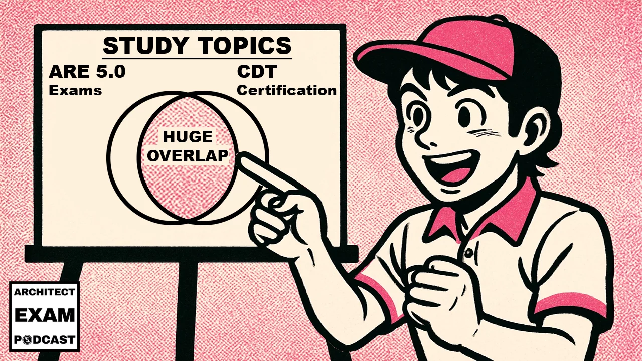 Architect Michael Riscica points to a Venn diagram showing a huge overlap between ARE Exam study topics and CDT Certification content to an audience of ARE Candidates.