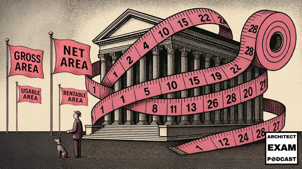Large tape measure wraps around a classical building with flags labeled gross area, net area, usable area, and rentable area, illustrating space measurement types.