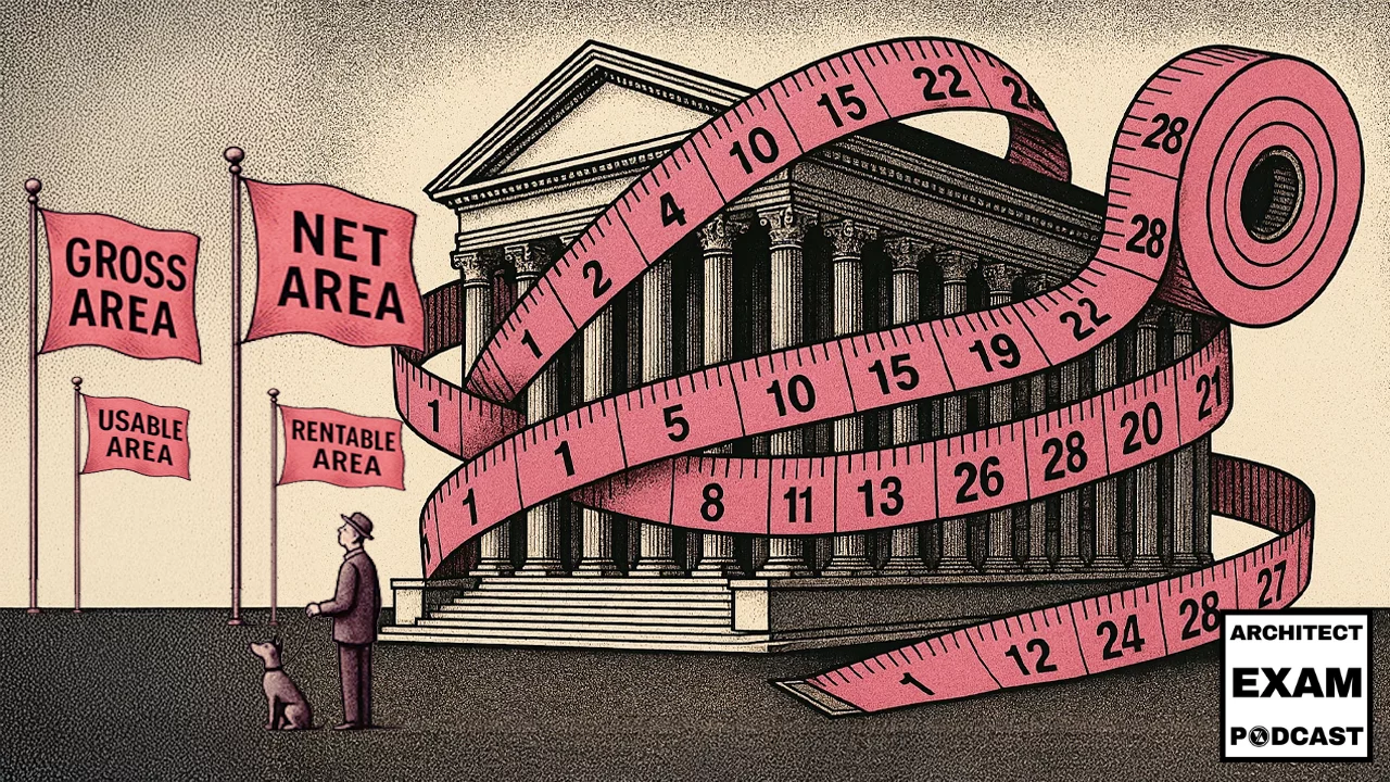 Large tape measure wraps around a classical building with flags labeled gross area, net area, usable area, and rentable area, illustrating space measurement types.
