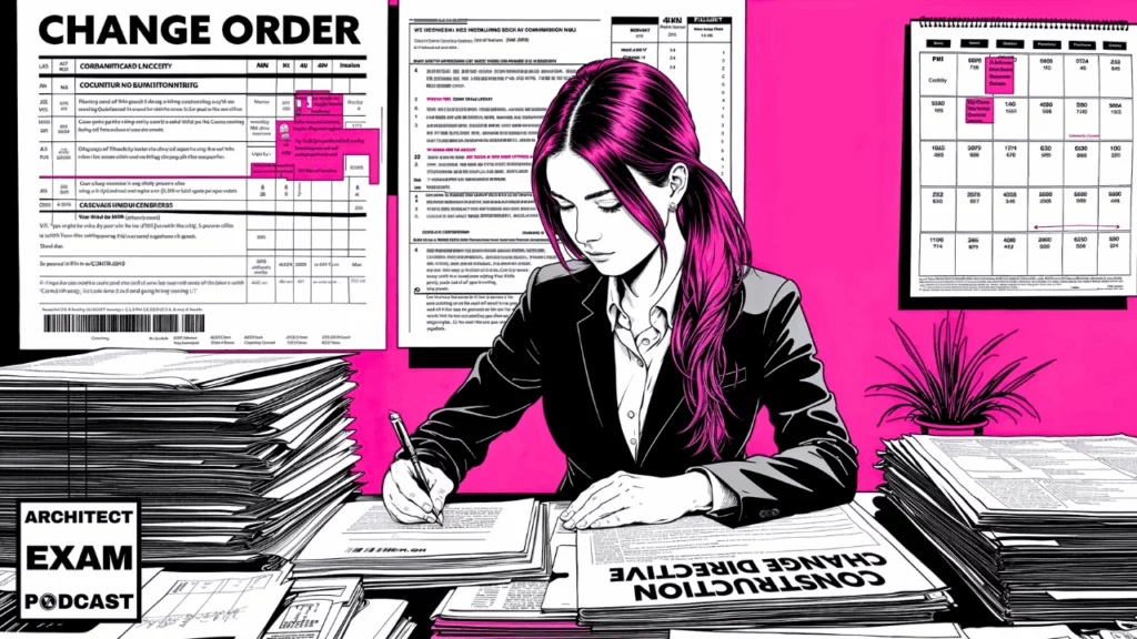 Female architect reviewing construction documentation surrounded by change orders, logs, and directives, illustrating construction administrative procedures in action.