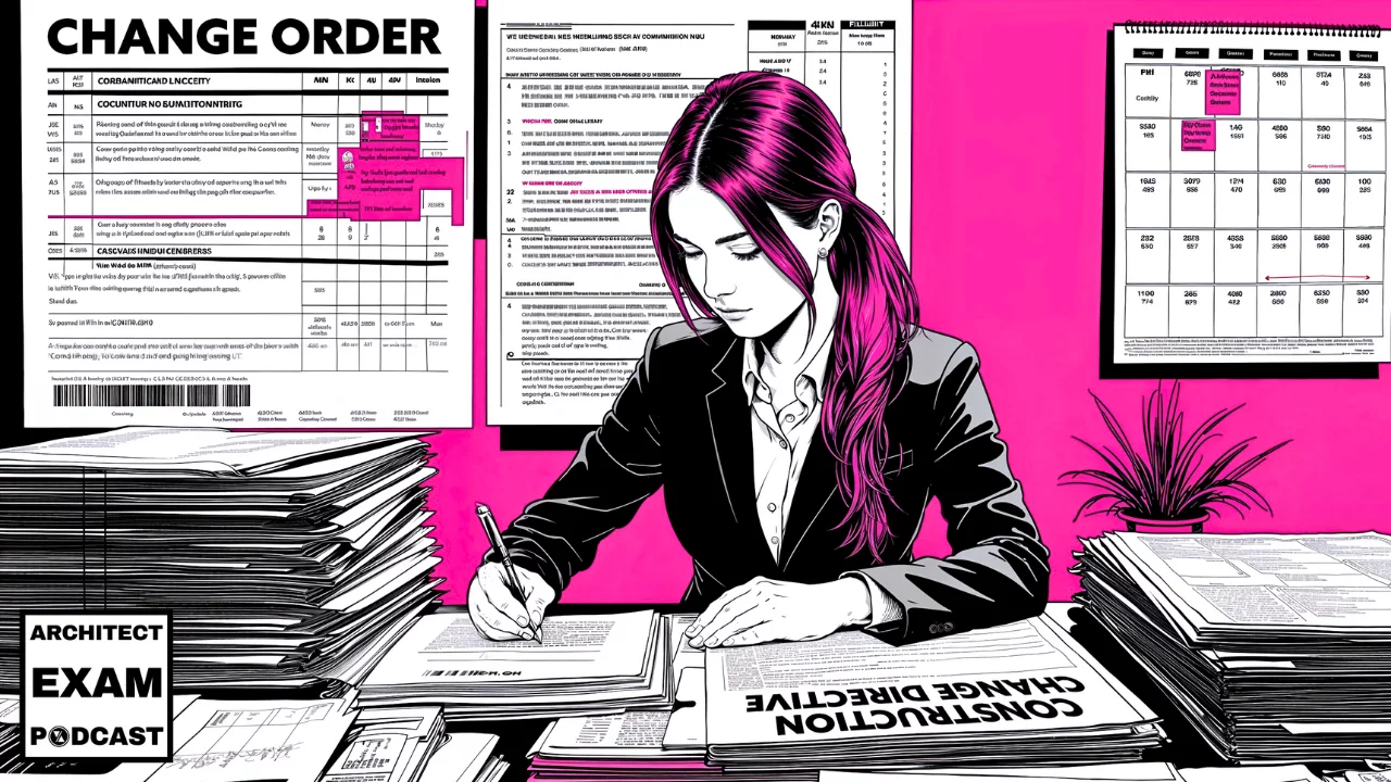 Female architect reviewing construction documentation surrounded by change orders, logs, and directives, illustrating construction administrative procedures in action.