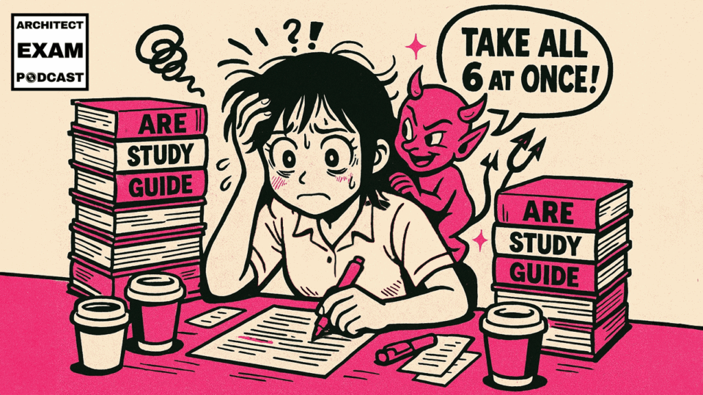 Overwhelmed ARE Candidate surrounded by ARE study guides and coffee cups, while a devil whispers “Take all 6 at once,” promoting an failing study strategy to make him more money.