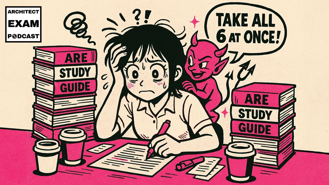 Overwhelmed ARE Candidate surrounded by ARE study guides and coffee cups, while a devil whispers “Take all 6 at once,” promoting an failing study strategy to make him more money.