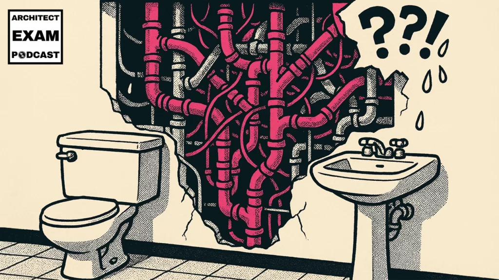 Cartoon bathroom wall reveals a chaotic maze of pipes behind a toilet and sink, illustrating confusion between a stack vent vs vent stack in plumbing systems.