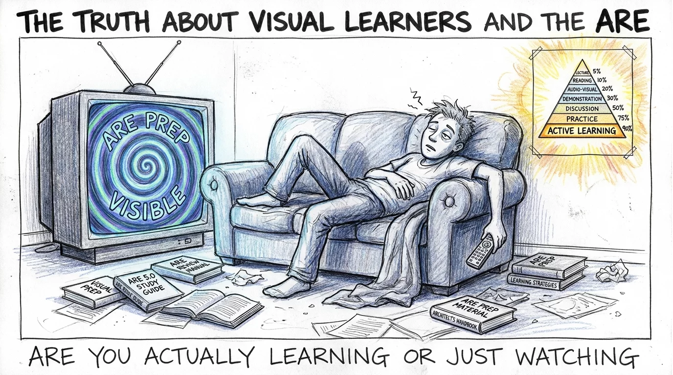 Person passed out on a couch hypnotized by ARE prep TV while a glowing learning pyramid poster calls from the wall
