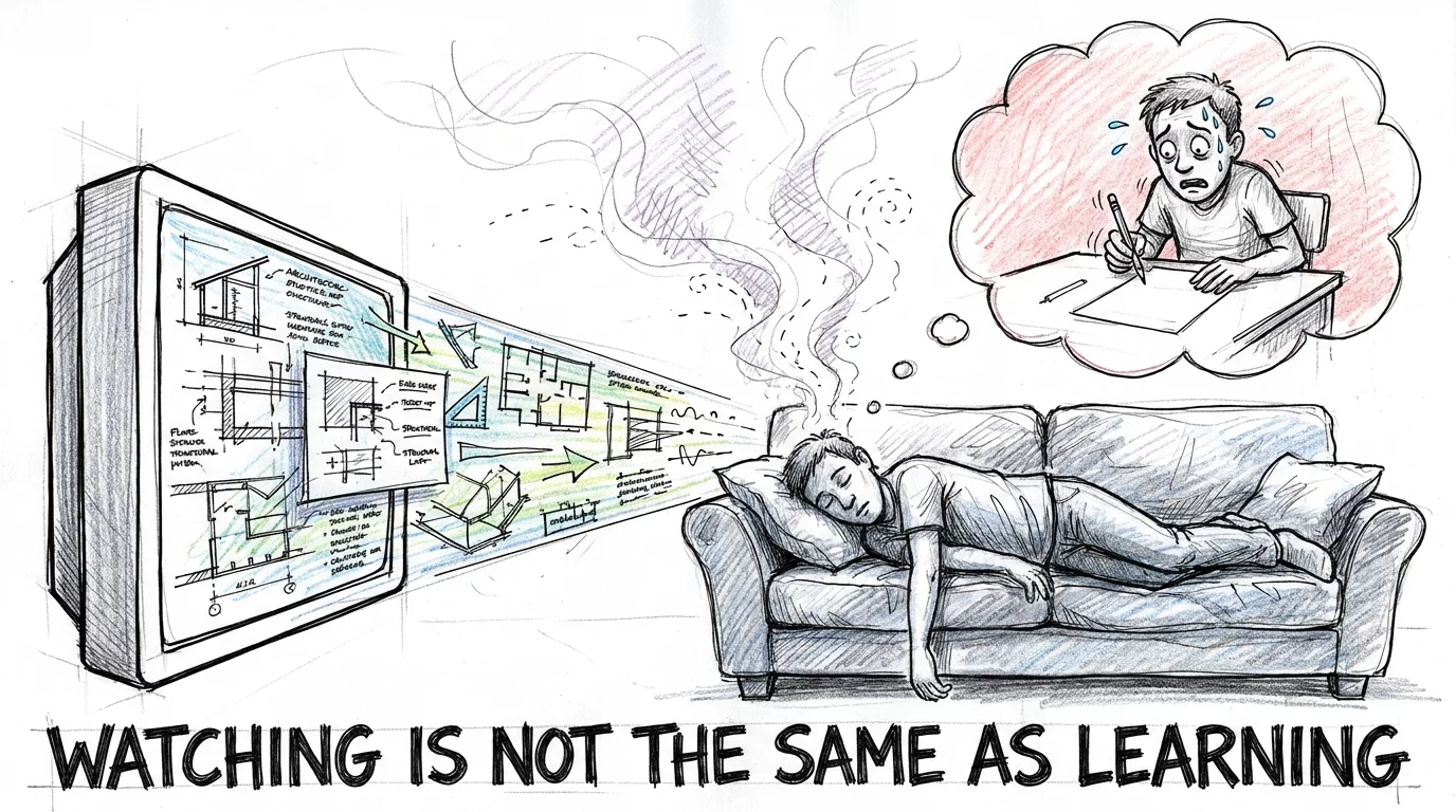 Student asleep on the couch while ARE prep content evaporates from their head with a panicked test day thought bubble