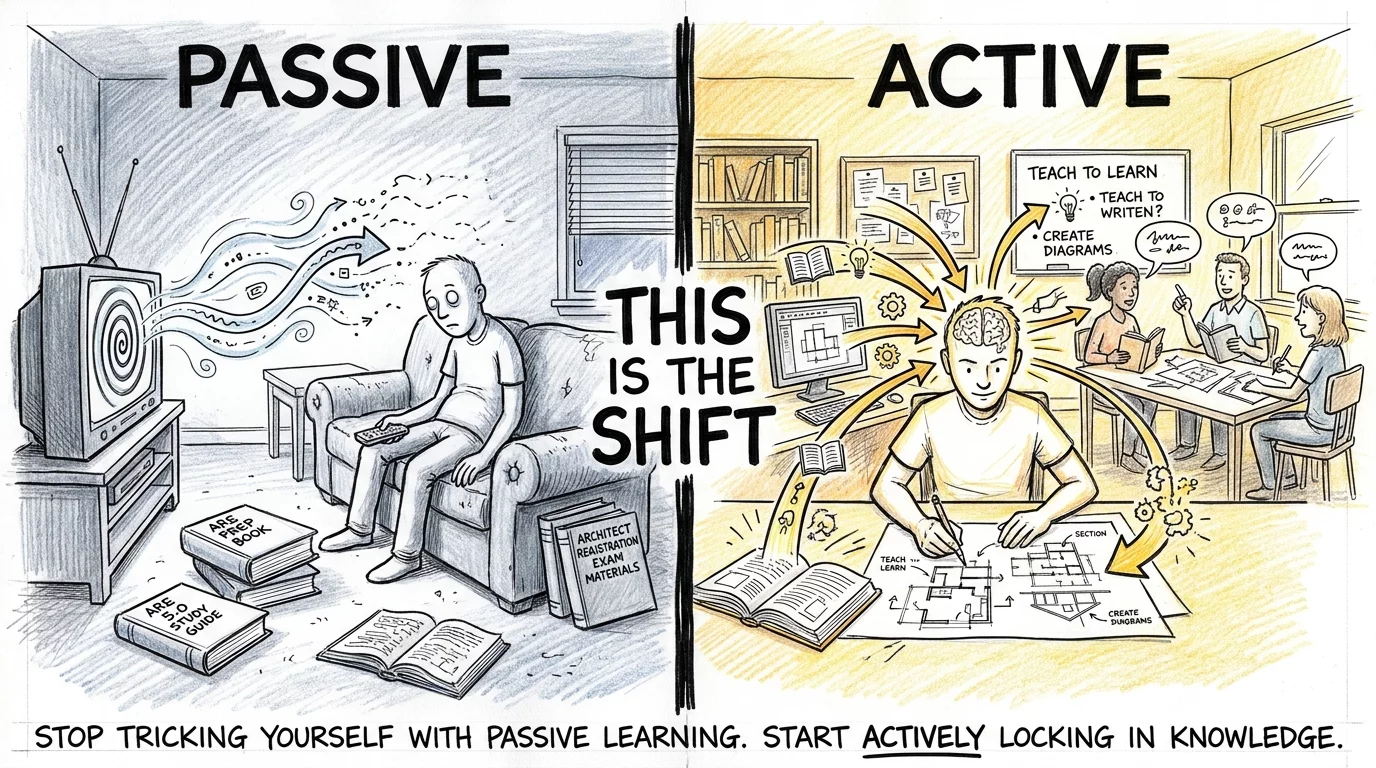 Split panel comparing passive studying on a couch with glazed eyes to active studying at a desk sketching and discussing