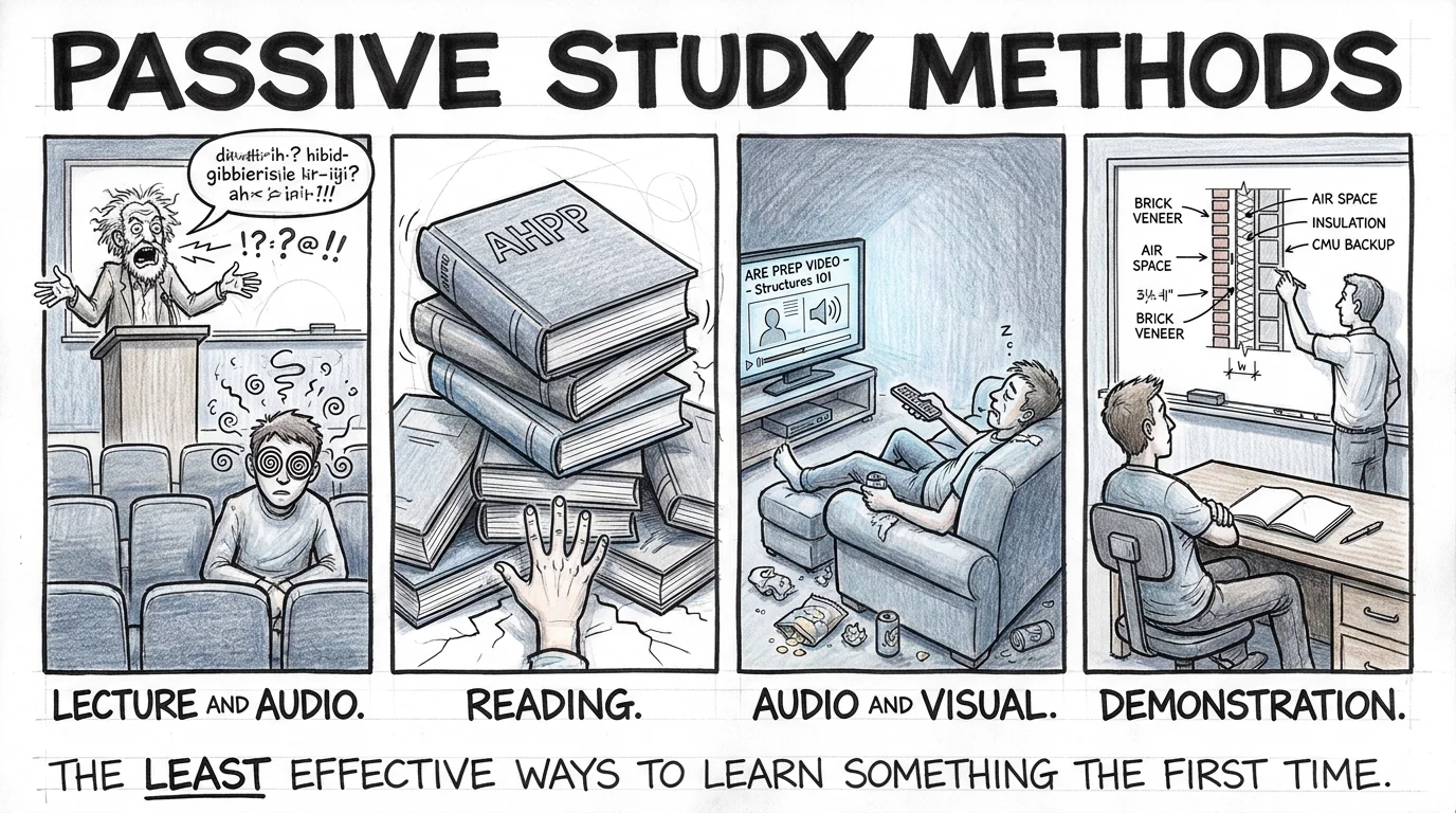 Four passive study methods shown as comic panels including lecture reading video binging and watching demonstrations