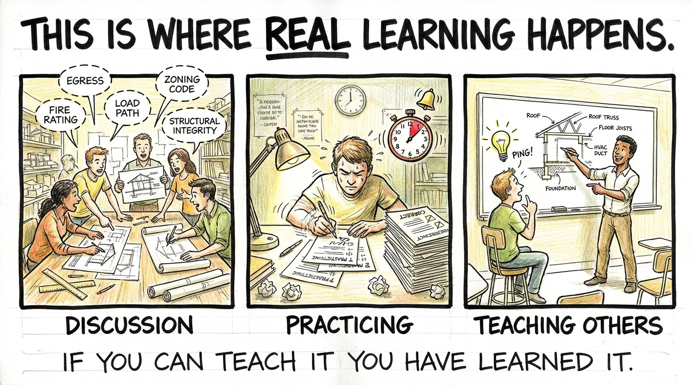 Three active study methods shown as comic panels with group discussion timed practice questions and teaching at a whiteboard