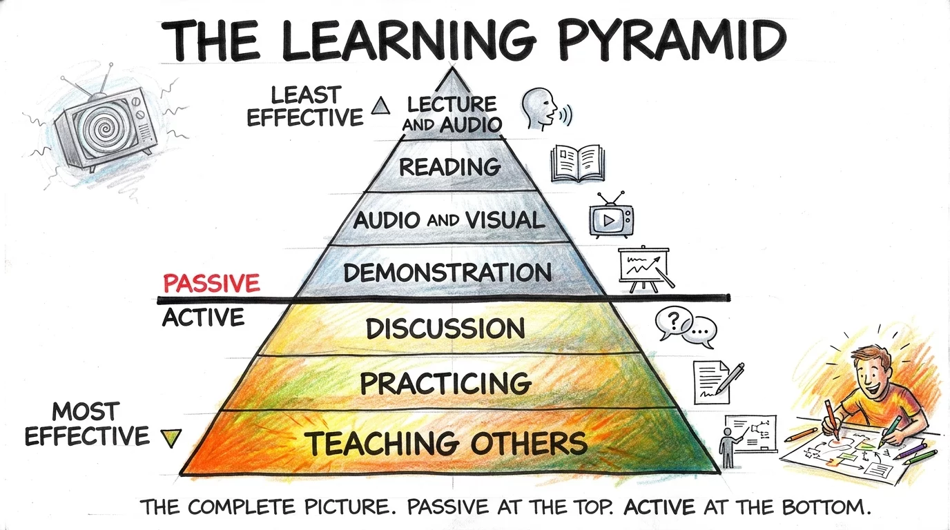 Complete learning pyramid diagram showing seven study methods from least effective lecture to most effective teaching others